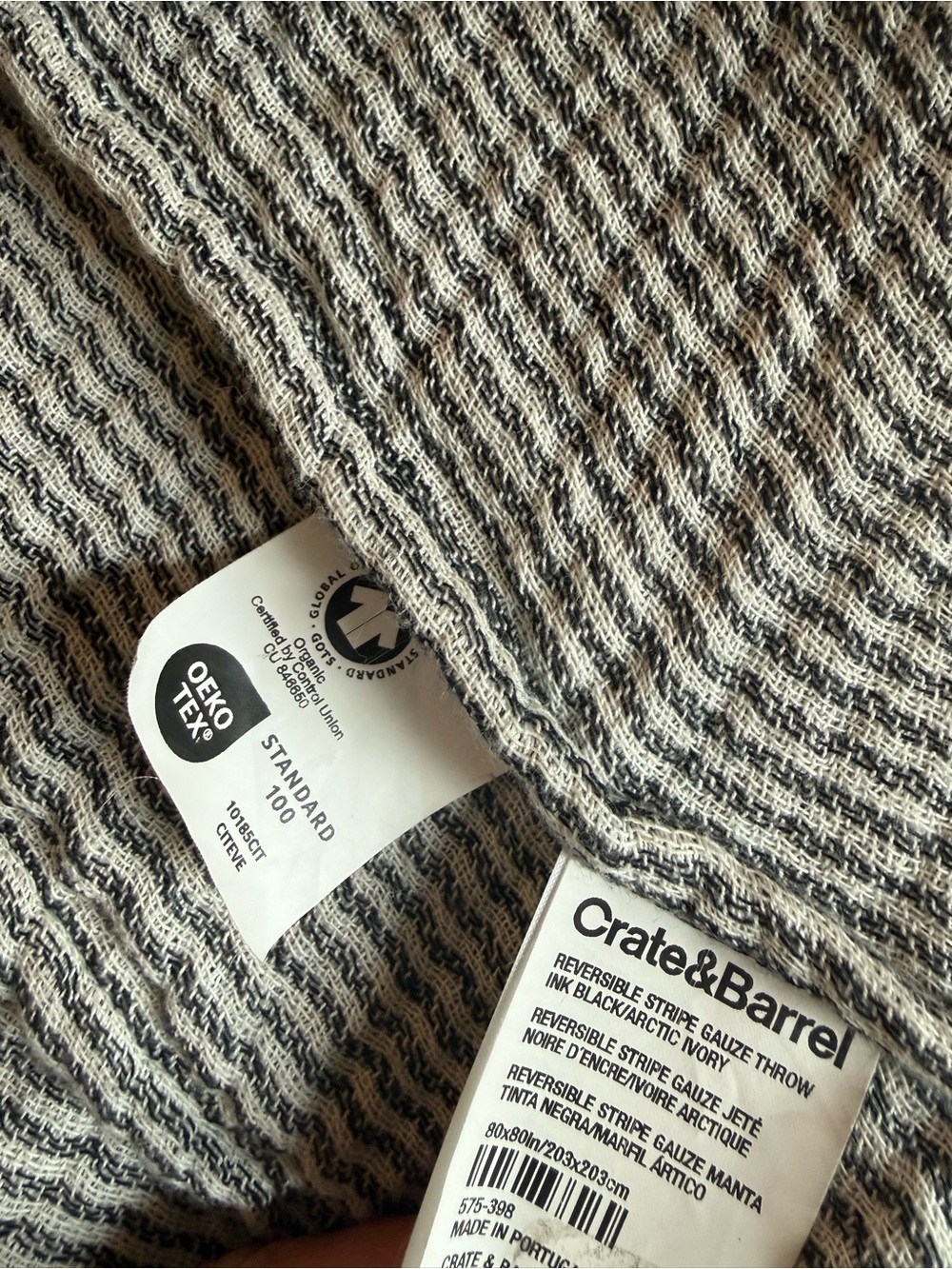 Crate&Barrel Reversible Stripe 80"x80" Ink Black and Arctic Ivory Bed Blanket - Picture 3 of 3